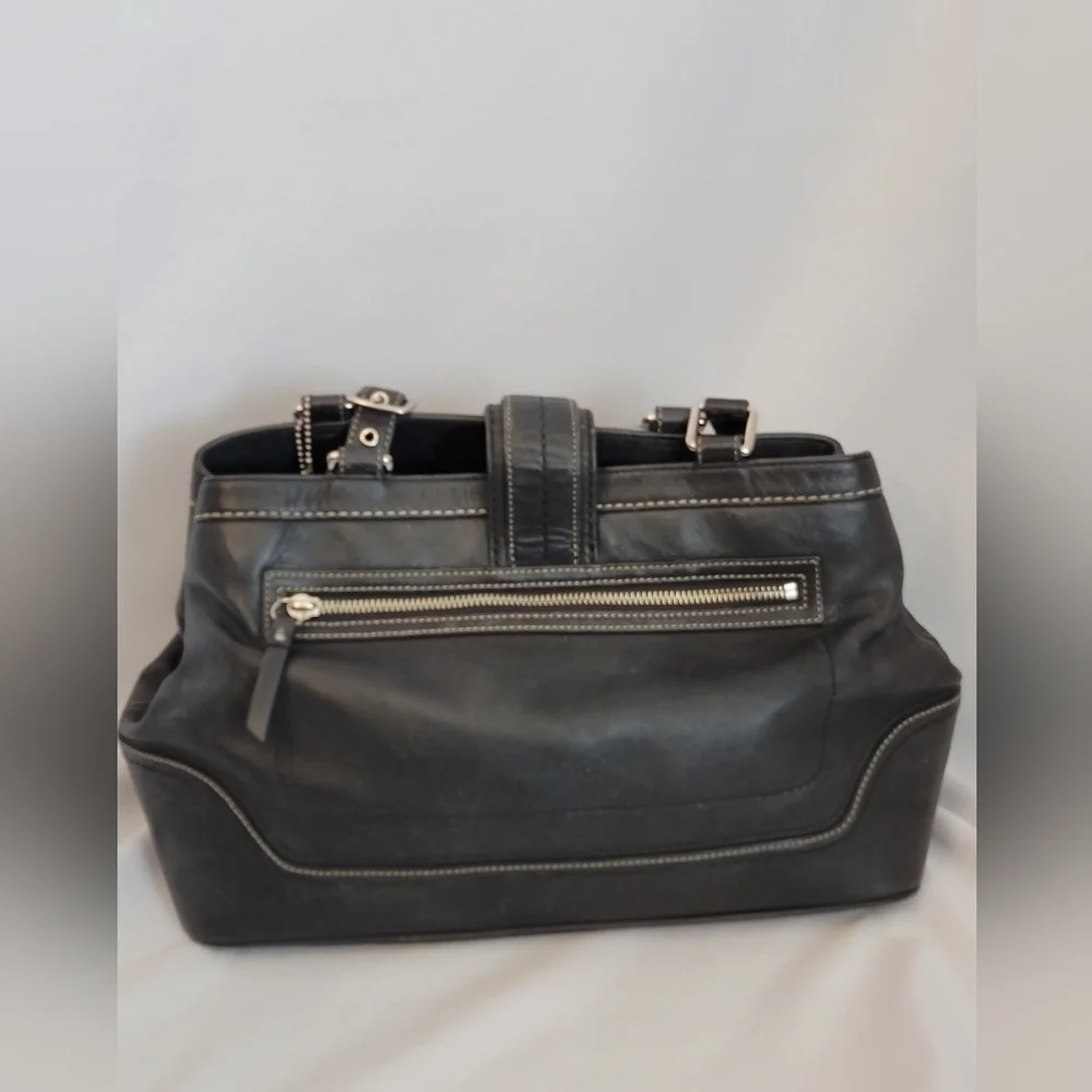 Coach Hamilton Black Leather Tote Bag with Silver Accents